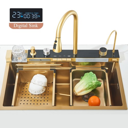 Gold waterfall kitchen - waterfall, sink